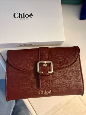 Chloé Burgundy Pebbled Leather Fold Wallet/ Cosmetic pouch with Gold Buckle